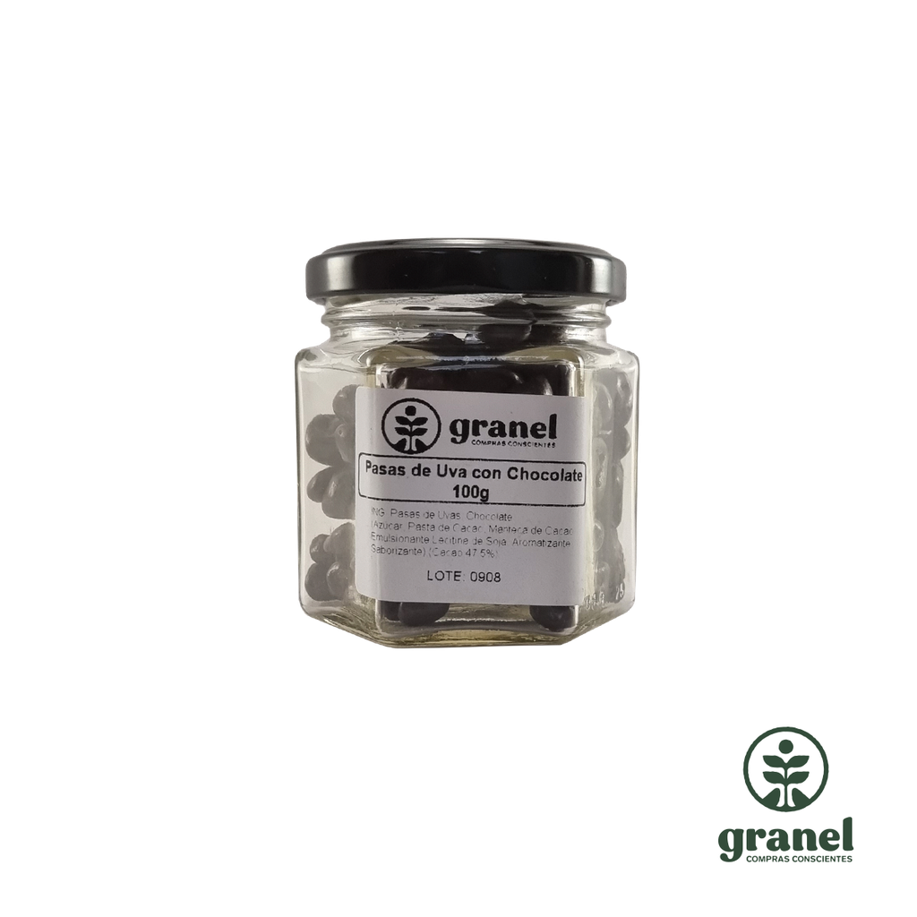 Pasas de uva con chocolate semi amargo en frasco de vidrio 100g
